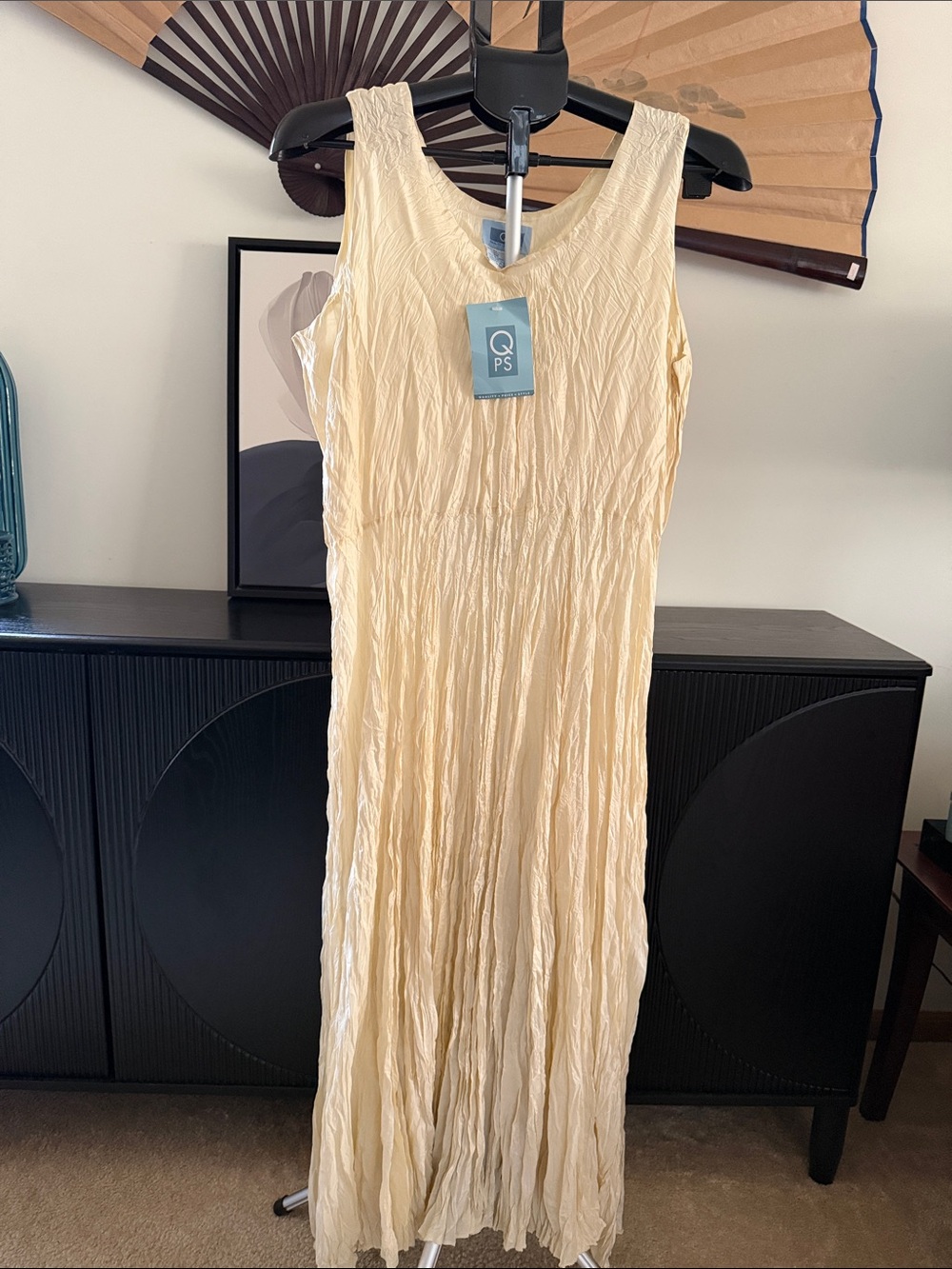 QPS 100% Silk Cream Colored Crinkle Maxi Dress